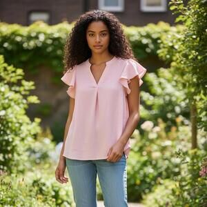 NWT Fantaslook Pink Flutter Sleeve Blouse Lightweight Crinkled Fabric, Small